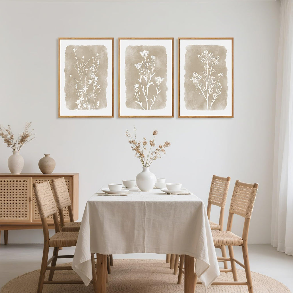 Neutral Botanical Wall Art Set of 3, arge Framed Boho Farmhouse Flower Wall Decor, Modern Minimalist Floral