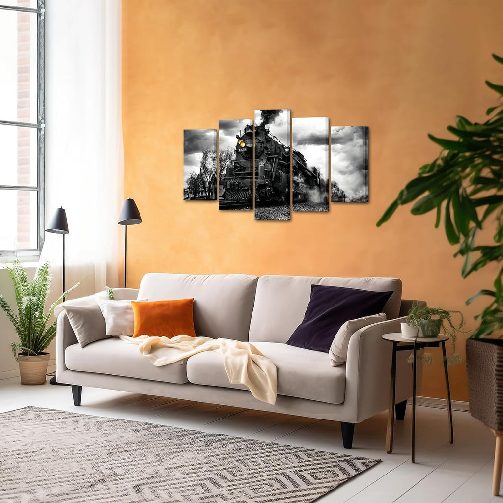 Black and White Train Canvas Wall Art, 5 Piece Set | 8"x16"x2pcs, 10"x20"x2pcs, 10"x24"x1pc Framed Waterproof Canvas