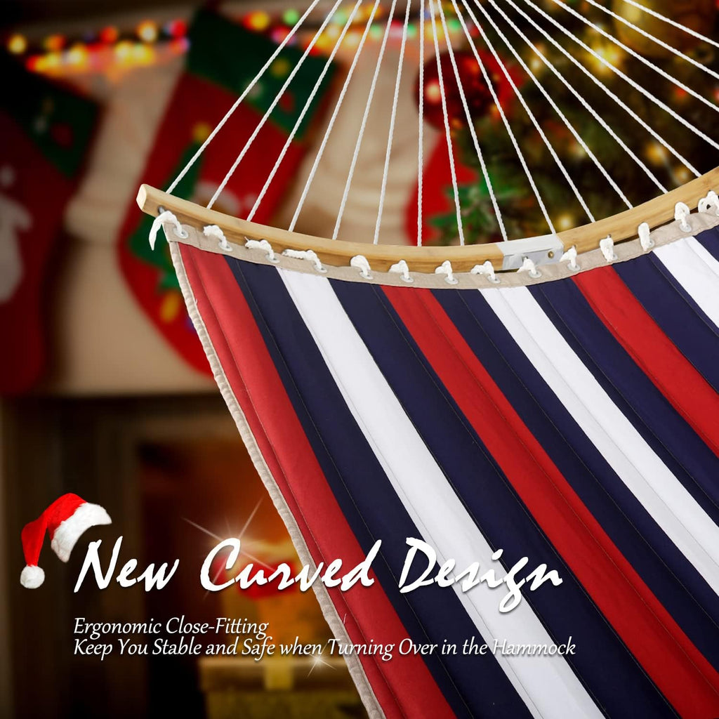 Double Hammock, 11 FT Quilted Fabric 2 Person Hammock for Outside with Pillow, Folding Curved Spreader Bar, Chains