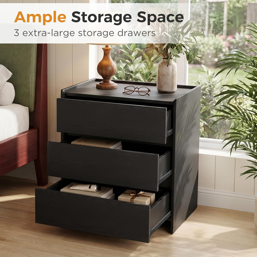 Black Night Stand with 3 Drawer, Modern Wood Nightstand with Spacious Storage, Smooth Glide Drawers Sturdy Bedside