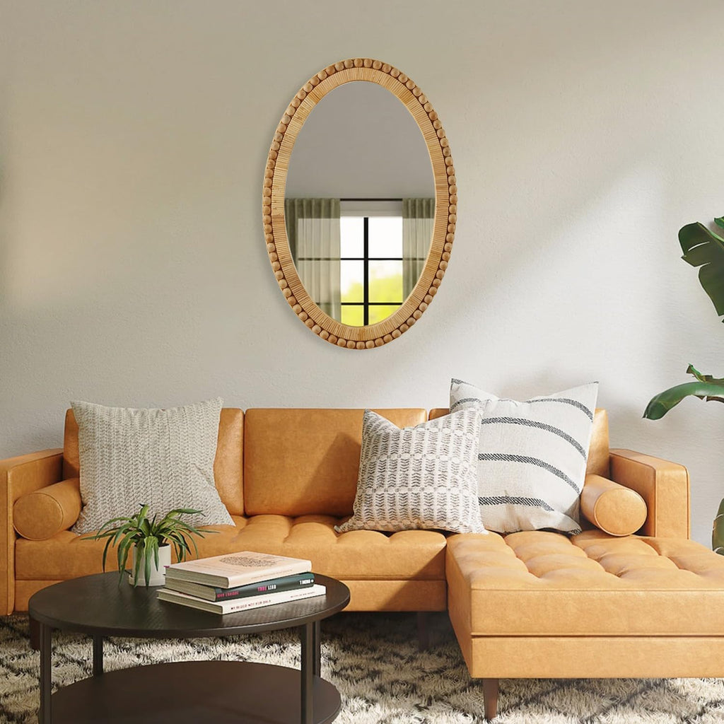 Rattan Wall Mirror - Boho Handmade Wicker Mirror Rustic Farmhouse Mirrors Entryway Wall Decor, 20" x 30", Oval