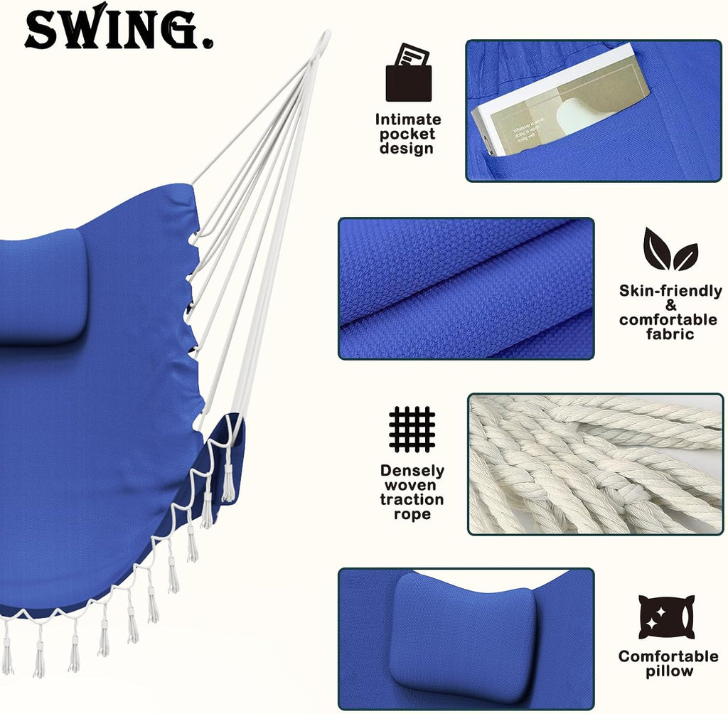Hammock Chair with Stand, 350 lbs Swing Chair for Indoor Outdoor | U-Shape Anti-Tip Base, Steel Frame,Cotton Chair