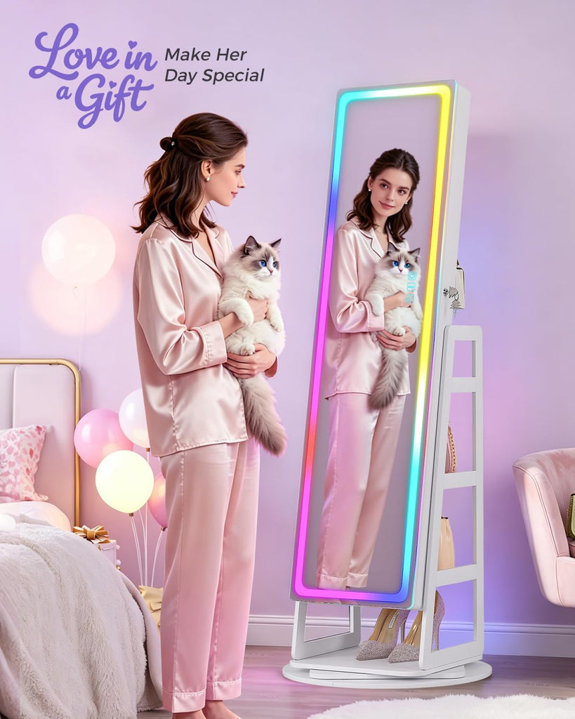 RGB Jewelry Cabinet with Full Length Mirror, 360° Rotating Lockable, 12-Zone Velvet Floor Standing Jewelry