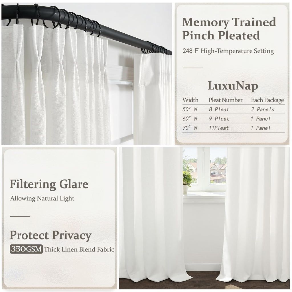 Pinch Pleat Pure White Semi Sheer Curtains 96 Inches Long, Memory Trained Thick Natural Linen Curtain Light