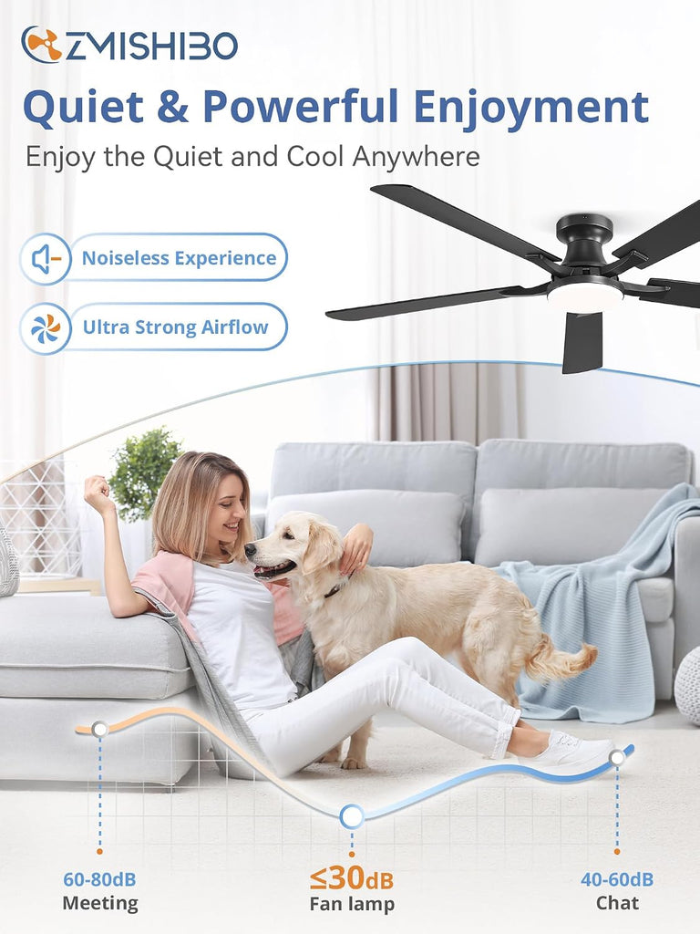 60 Inch Ceiling Fan with Light, App&Remote Control, Flush Mount Low Profile, Dimmable 20W LED Light, Quiet Reversible Motor for Bedroom, Living Room, Apartment, Black