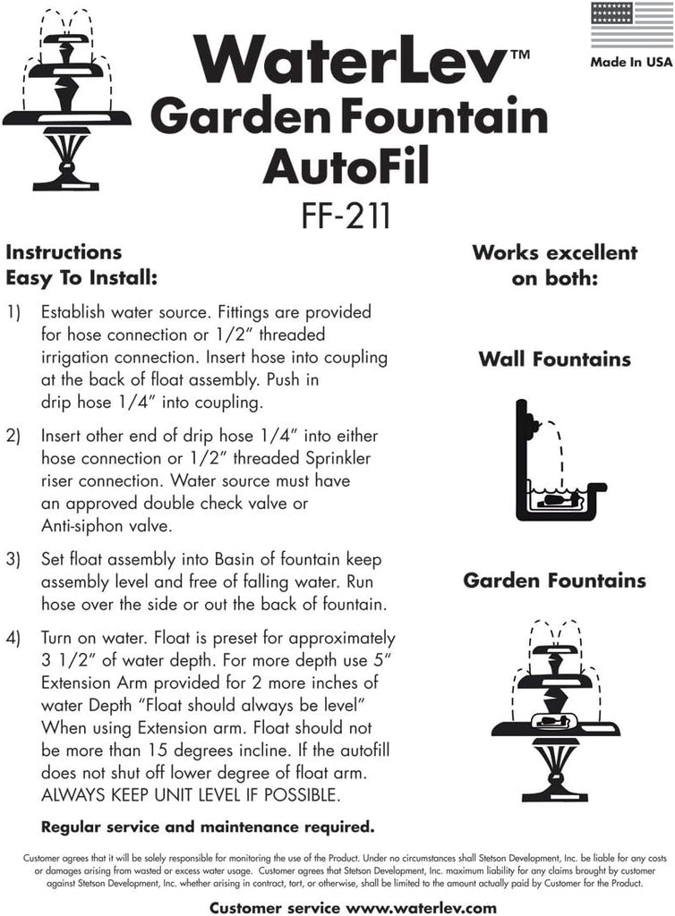 Water Auto Fill System Fountains, Automatically Maintains Water Levels in Fountain