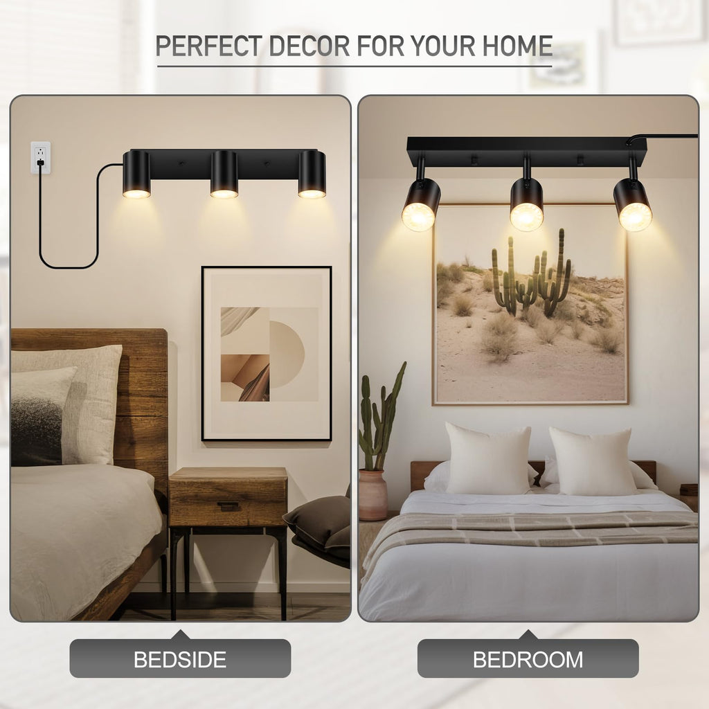 LED Track Lighting Ceiling Fixtures, Black 3-Light Plug in Track Lights, 3 Way Ceiling Spotlight, 15 FT