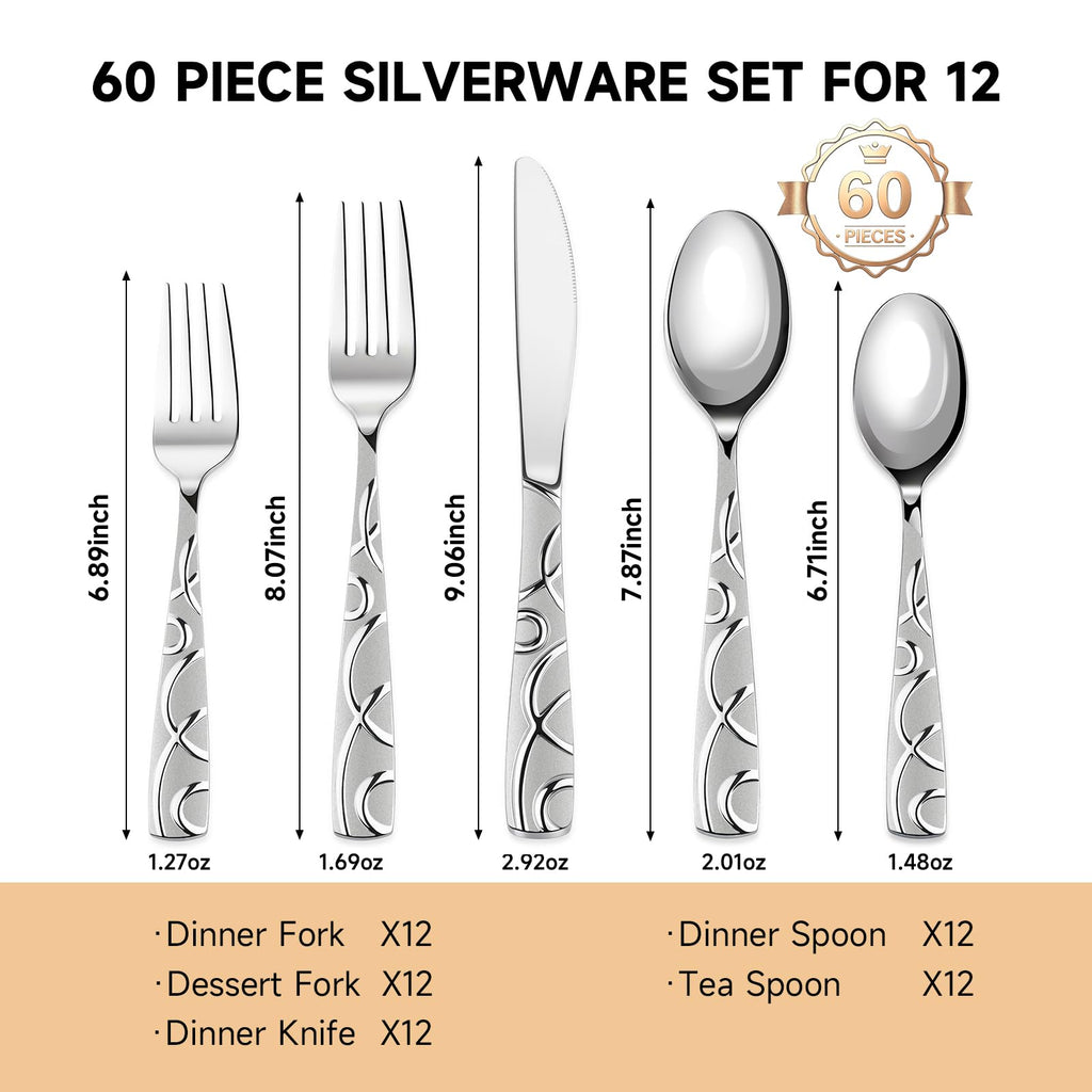 Silverware Set for 12, 60 Piece Stainless Steel Flatware Set