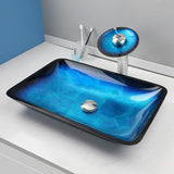 22" Blue Bathroom Vessel Sink,Rectangle Tempered Glass Washing Sink Bowl with Faucet And Drain, Artistic Bowl Sinks