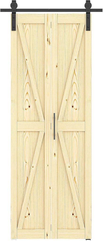 30in x 84in Bifold Barn Door with Hardware Kit, Unfinished Solid Pine Wood Folding Closet Door for B