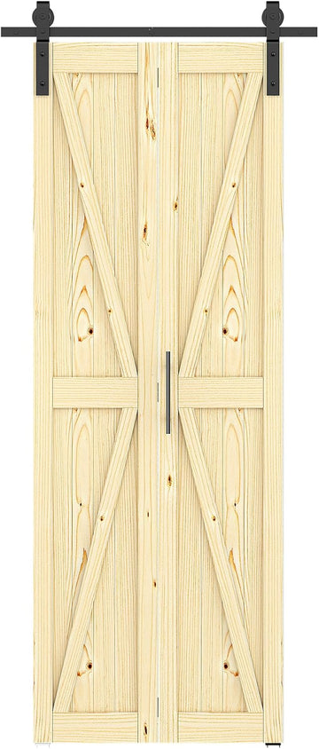 30in x 84in Bifold Barn Door with Hardware Kit, Unfinished Solid Pine Wood Folding Closet Door for B