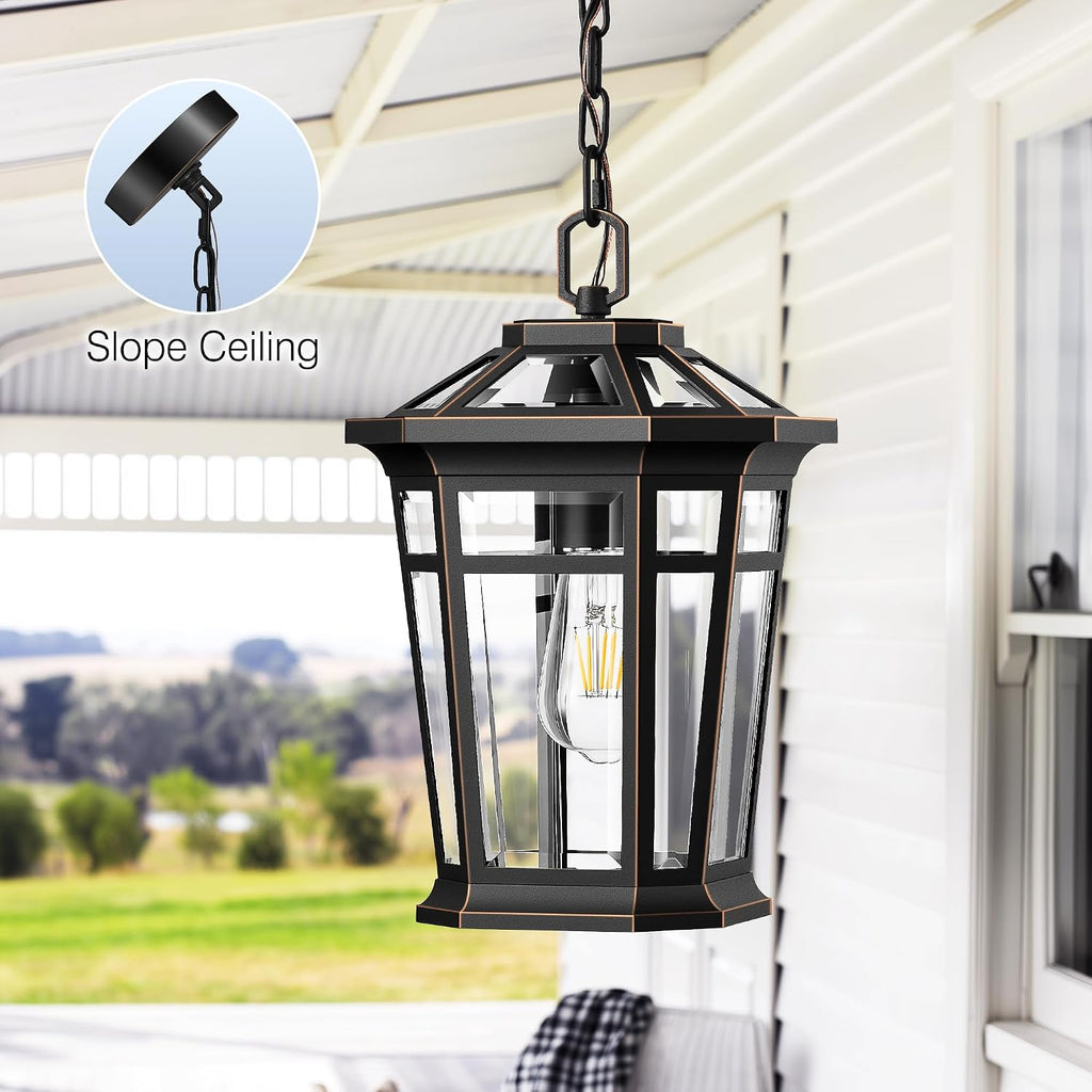 Large Outdoor Pendant Light with Adjustable Chain, Black Hanging Lights with Gold Trim