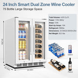 Wine and Beverage Refrigerator, 24 Inch Beverage Cooler Dual Zone with Glass Doo