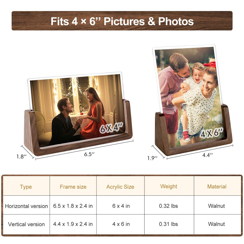 4x6 Picture Frame 2 Pack - Rustic Wooden Picture Frames with Walnut Wood Base and High Definition Break Free Acrylic