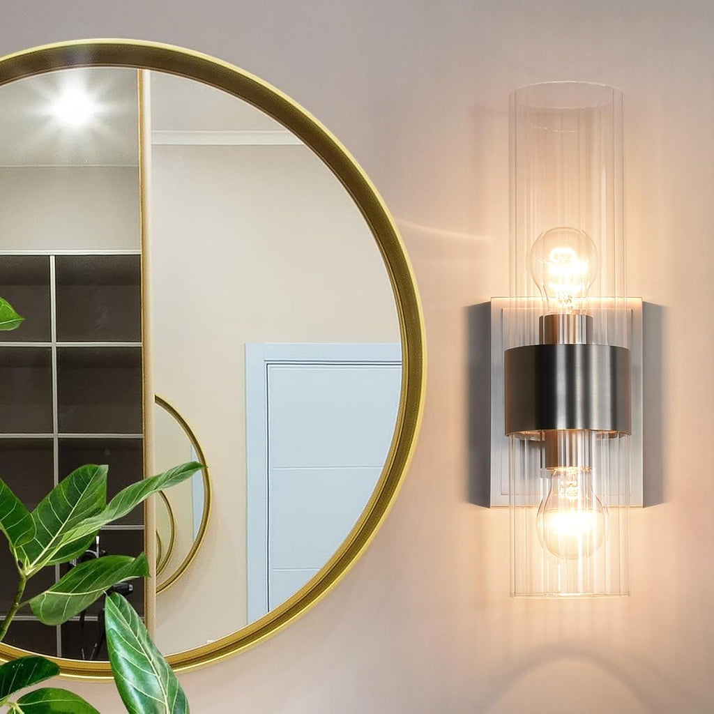 Bathroom Sconces Wall Lighting with Clear Ribbed Glass, Brushed Nickel 2-Light Bathroom Vanity Light Fixtures for