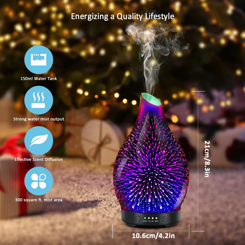 Essential Oil Diffuser -3D Firework Glass Aromatherapy Diffusers for Essential Oils with 4 Timer Setting Auto