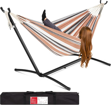 Double Hammock with Steel Stand, Indoor Outdoor Brazilian-Style Cotton Bed w/Carrying Bag, 2-Person Capacity - Desert