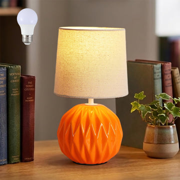 Orange Ceramic Table Lamp with Linen Shade, Small Bedside Lamp
