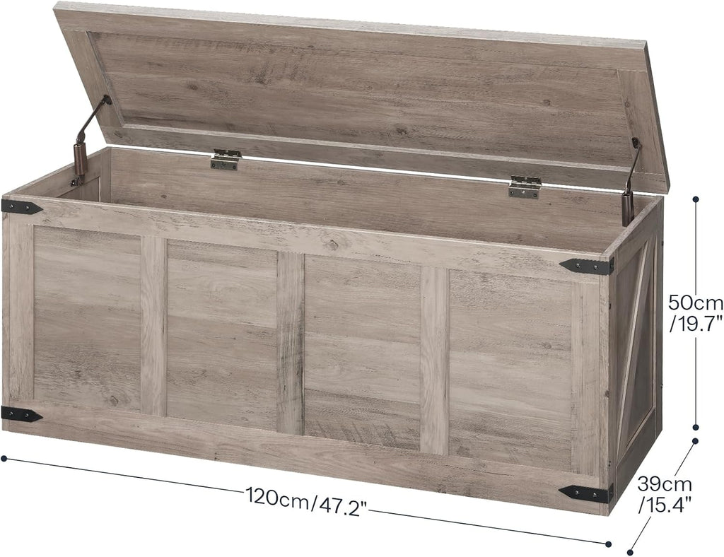 Storage Bench, 47.2"Toy Box Organizer with Safety Hinges, Farmhouse Wooden Storage Chest, Greige BG520CW01