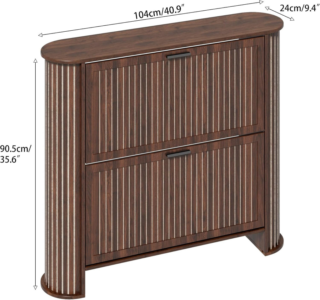Narrow Shoe Storage Cabinet , Slim Fluted Shoe Cabinet with 2 Flip Drawers, Wood Hidden Shoe Rack Organizer for Entry