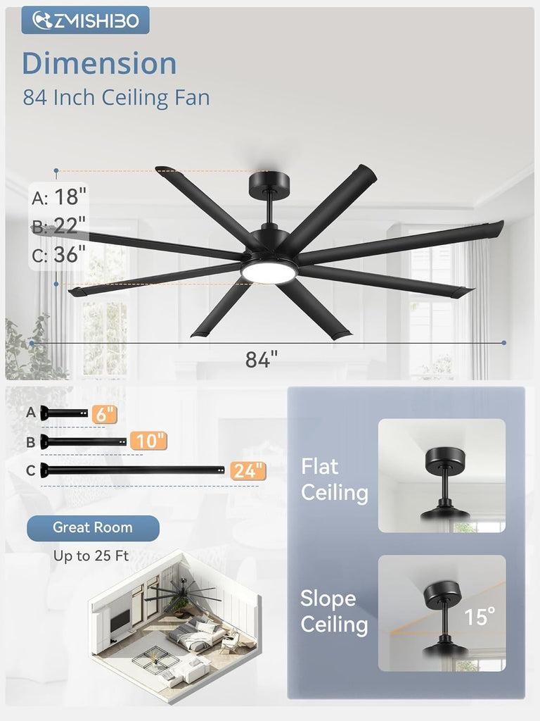 84" Ceiling Fan with LED Light and Remote - Black