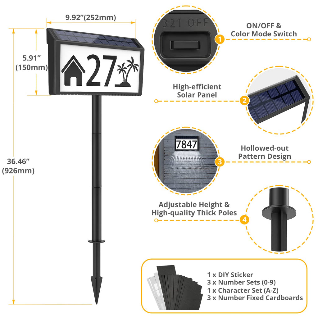 Solar Powered Address Sign House Number Waterproof 3-Light Modes