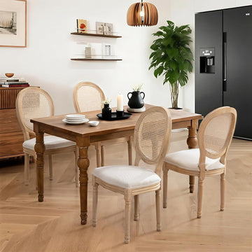 French Country Dining Chairs Set of 4,Farmhouse Upholstered Dining Room Chairs with Round Back and Solid Leg,Rattan