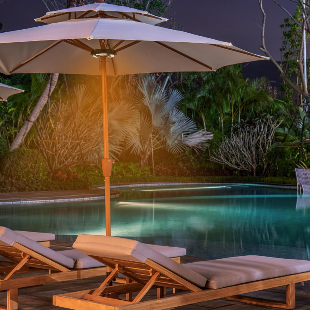 Dual-Power Patio Umbrella Light-Rechargeable & Battery Operated Umbrella Lights,3 Lighting Modes Cordless,Umbrella Pole