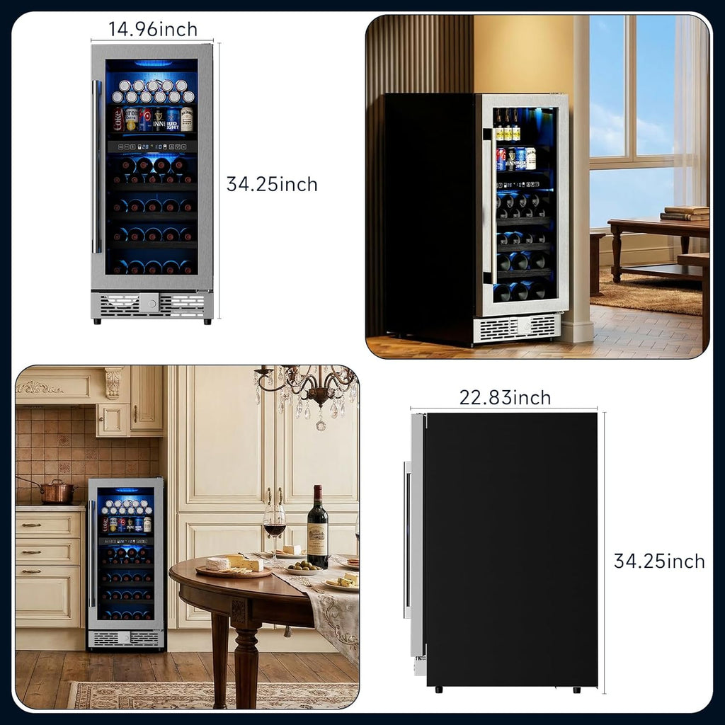 15 Inch Wine Fridge Dual Zone, Built in Wine Cooler Refrigerator 15 Inch Wide, 3