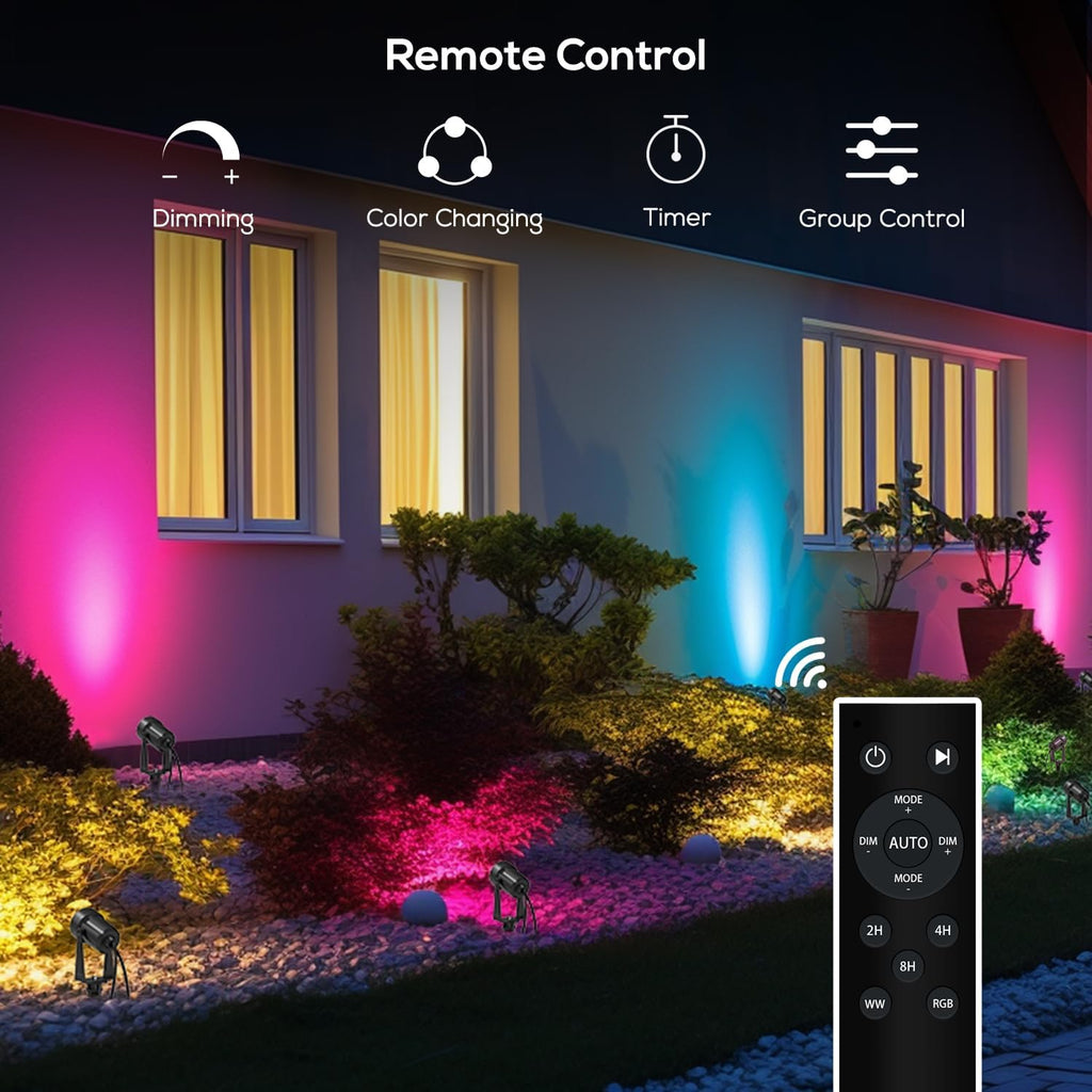 Outdoor Landscape Lighting with Remote, RGBW Color Changing Spot Uplights, 6 Pack