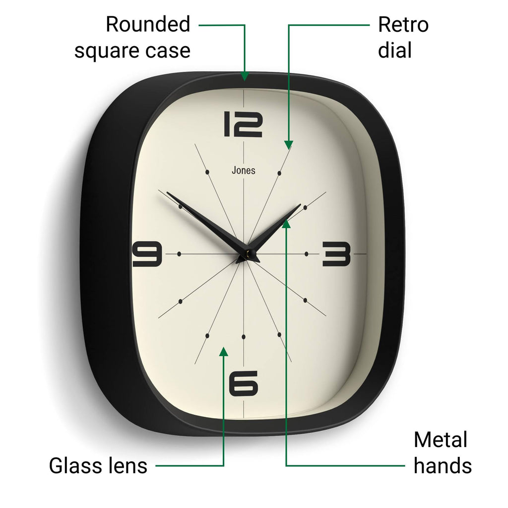 Pulsar wall Clock | Retro Rounded Square Clock | 10" | Black