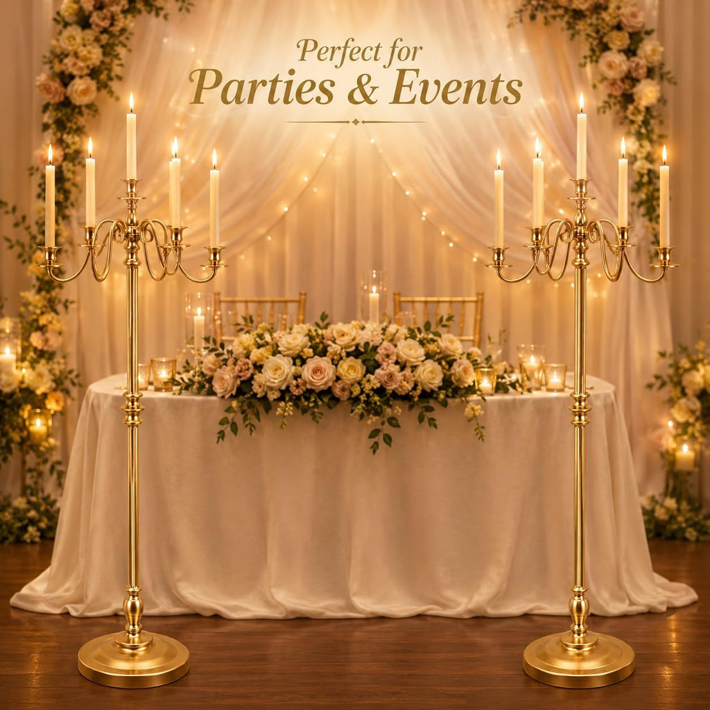 Gold Candelabra Floor Candle Holders, 2 Pack 50 Inch Tall 5 Arm Metal Candelabra Centerpieces for Tables, Wedding
