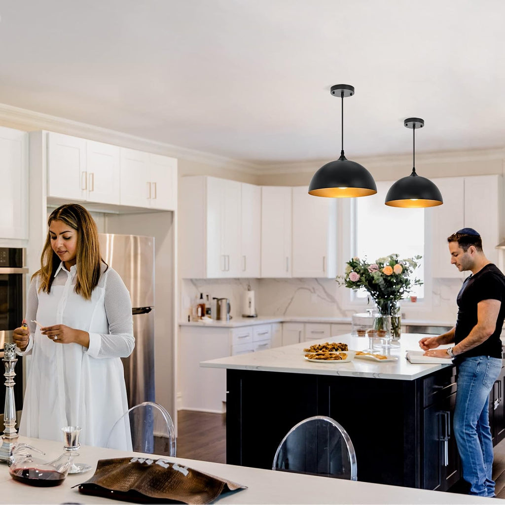 Farmhouse Pendant Lighting for Kitchen Island,Black and Gold Dome Pendant Light Fixtures, Industrial Hanging Ceiling