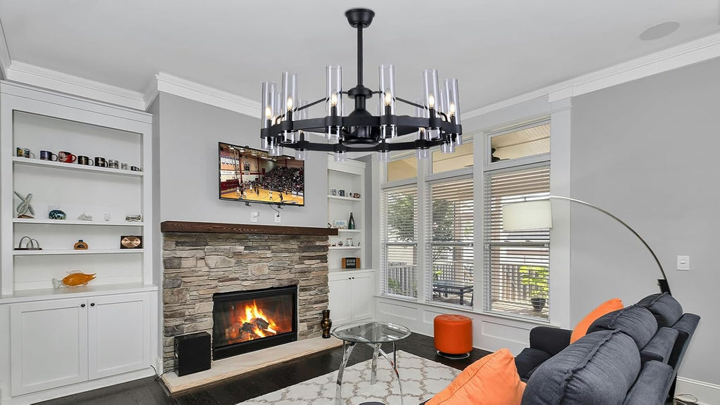 Inspired Ravelle Style Black Ceiling Fans with 12 Lights Wagon Wheel Chandelier, 38 Inch Modern Farmhouse Fandelier, Quiet 6-Speed Reversible DC Motor, 1/2/4H Remote Timing for Living Room/Bedroom/Kitchen