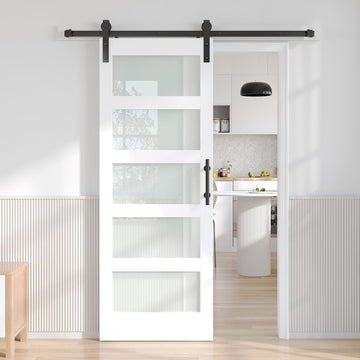 32x80 White Glass Barn Door with 5.5FT 66inch Sliding Doors Hardware Kit Included & Handle,PVC Surface,Water-Proof