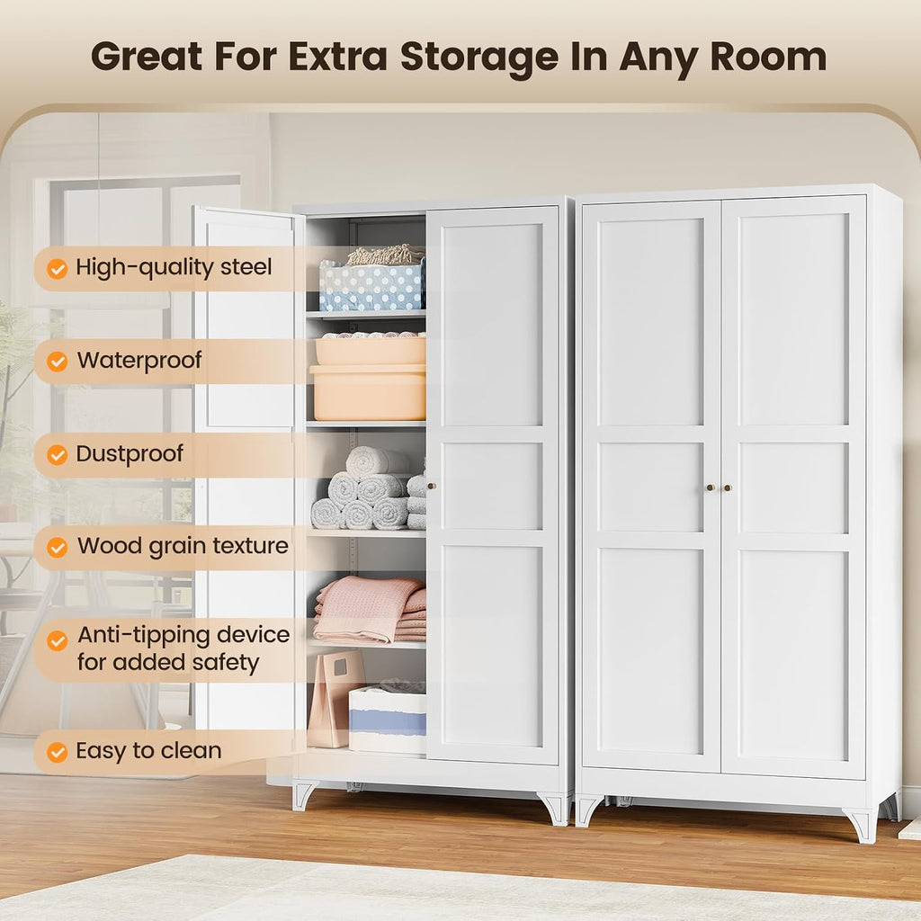 Metal Storage Cabinet with 2 Doors and 4 Adjustable Shelves - 61" White Kitchen Pantry Storage 5-Tier Tall Steel