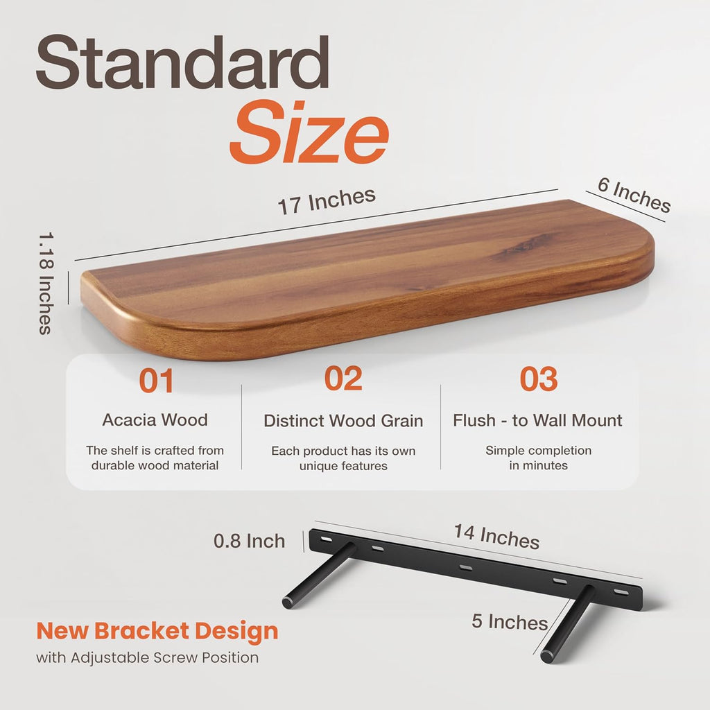 17" Acacia Wood Floating Shelves Wall Mounted (Round Edge) - Rustic Farmhouse Wooden Wall Storage Shelf - Brackets