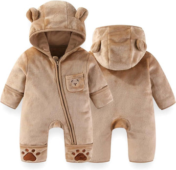Baby Bear Outfit With Fold-Over Mittens Footies Thin Fleece Romper Hooded Jumpsuit Winter Coat Girls Boys