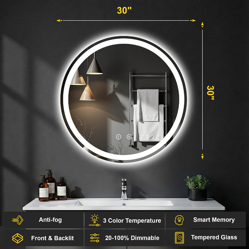 Round LED Bathroom Mirror with Lights, 30 Inch Circle Lighted Vanity Mirror, Anti-Fog, Dimmable 3 Colors