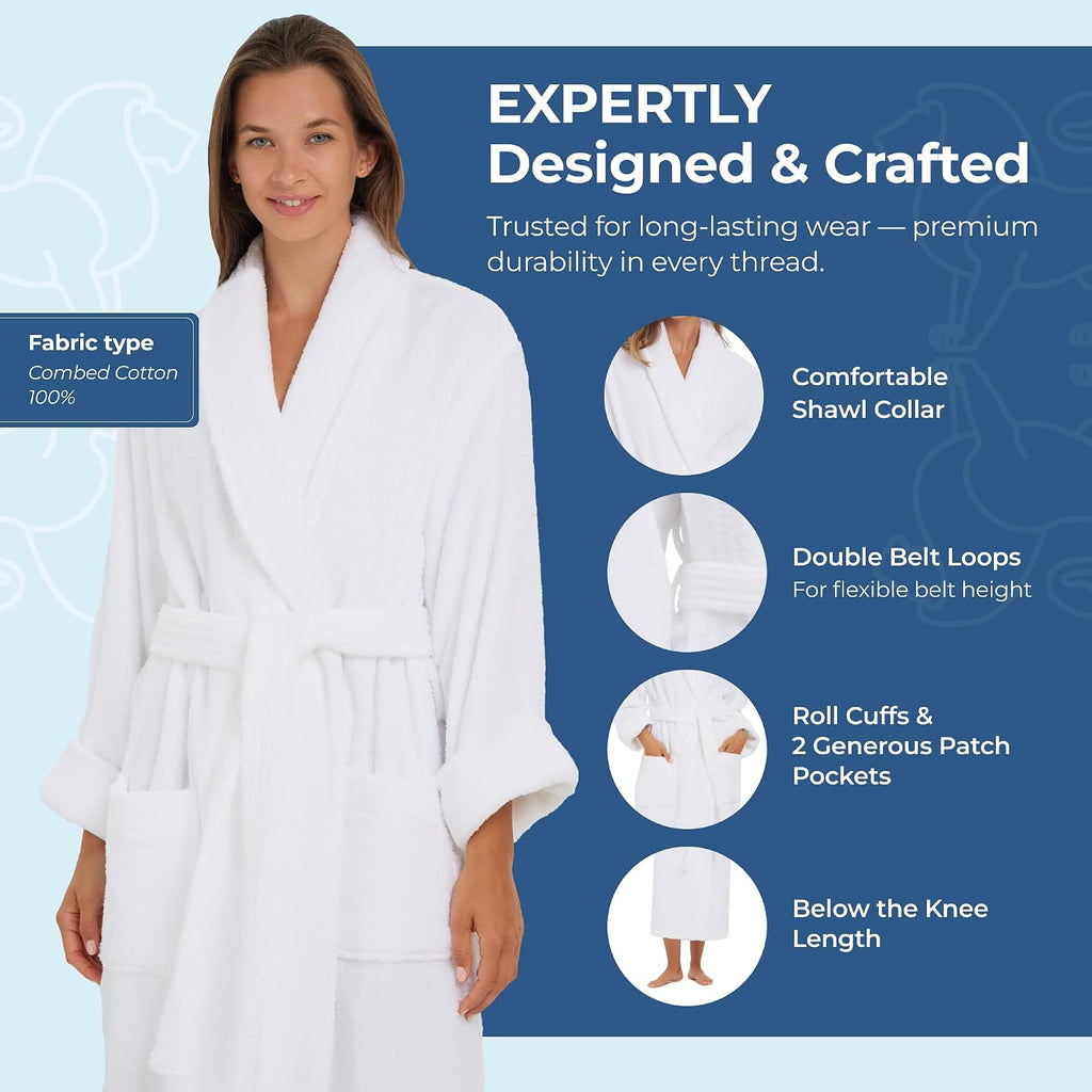 Terry Shawl Collar Unisex Bathrobe | Thick Terrycloth Fabric, Generously Sized Hotel & Spa Robe with Pockets
