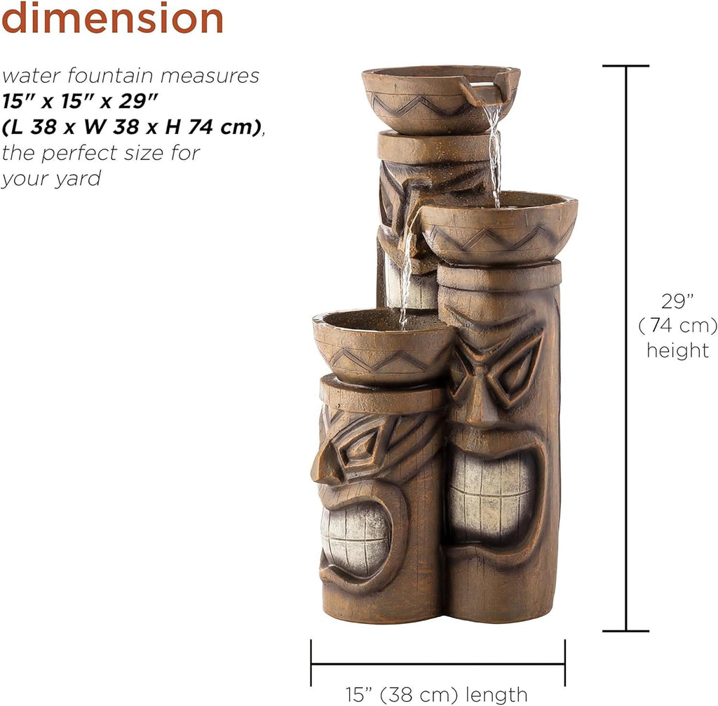 29"H Outdoor 3-Tiered Tiki Head Bowl Waterfall Floor Fountain with Cool White LED Lights, Brown