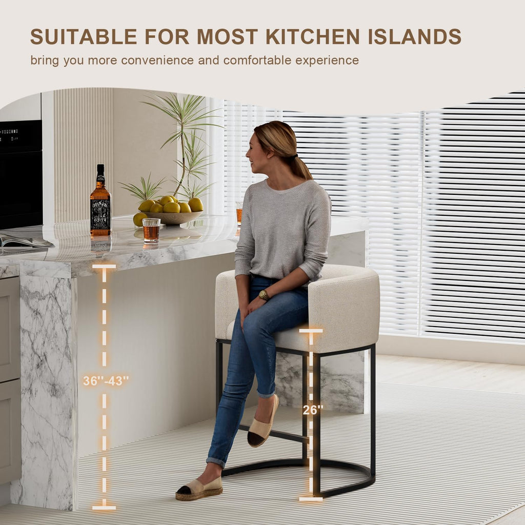 26" H Counter Height Bar Stools Set of 3, Modern Barrel Counter Stools with Backrest and Arms, Linen Fabric