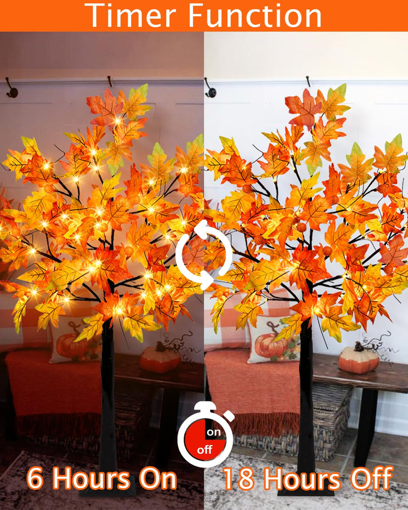 4FT Fall Lighted Maple Trees with 48 LEDs Lights 12 Pumpkins Fake Fall Light Up Tree Artificial Autumn Maple Trees