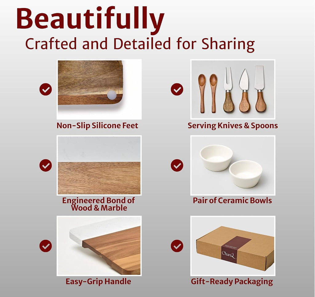 Charcuterie Board Gift Set - Marble & Acacia Wood Board | A Thoughtful Gift for Weddings, Housewarmings, Bridal