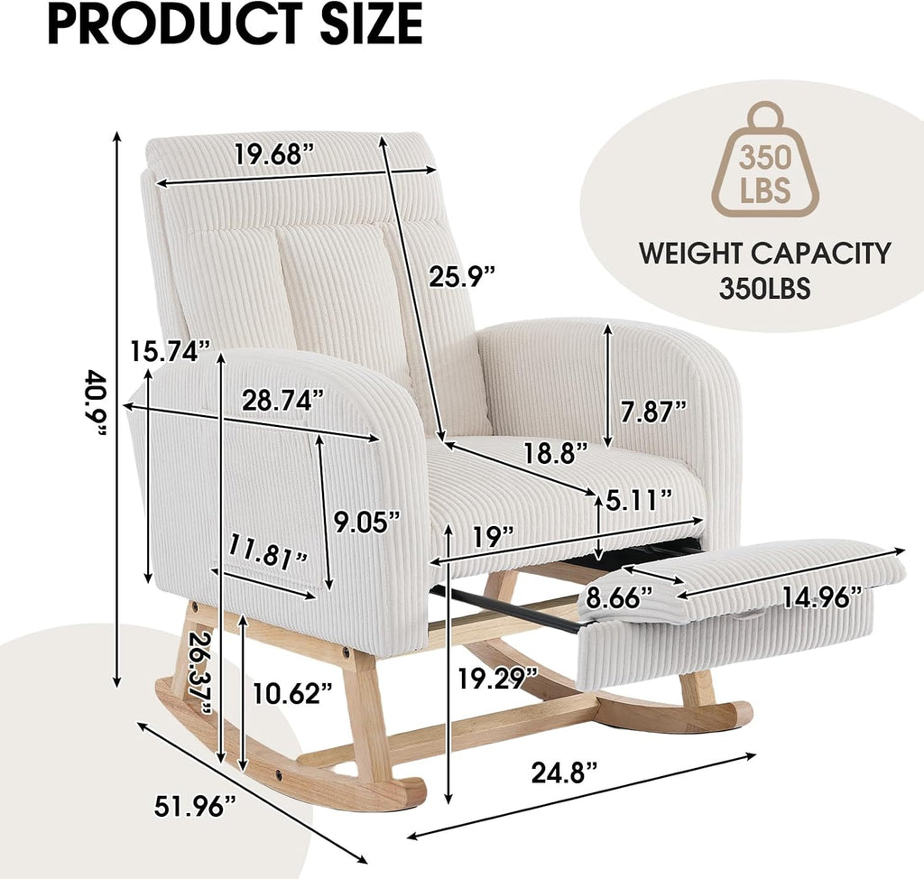 Nursery Rocking Chair, Corduroy Upholstered Rocking Chair with Adjustable Footrest, Tufted Rocker Chair with Side