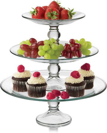 Selene 3 Tier Serving Stand Set, Elegant, Curvy Style Glass Dessert Stand, Dishwasher Safe 3 Tiered Dessert Stand - Set of 3