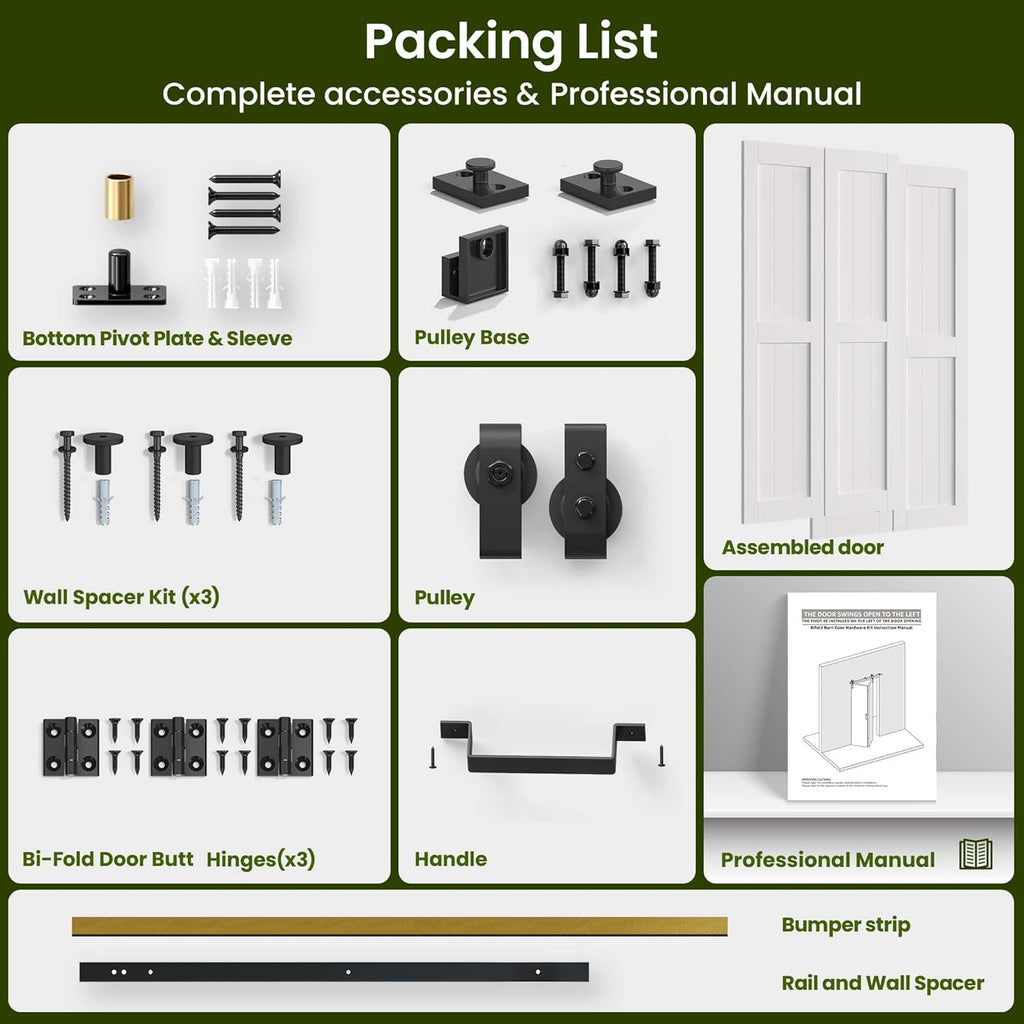 Bifold Barn Door 64'' x 84'',Bi-Fold Sliding Closet Doors with Hardware Kit Included,72'' Track Kit 