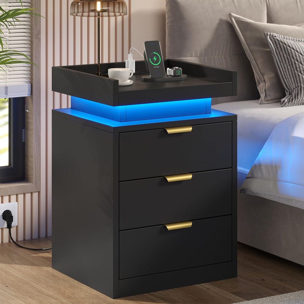 LED Nightstand with Charging Station & USB Ports, 3-Drawer Bedside Table with Adjustable RGB LED Lights, High-Gloss