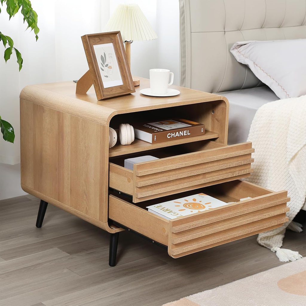 Modern Nightstand with Charging Station, 24" Night Stands with 2 Drawers, Wood Fluted End Table with Storage, Oak