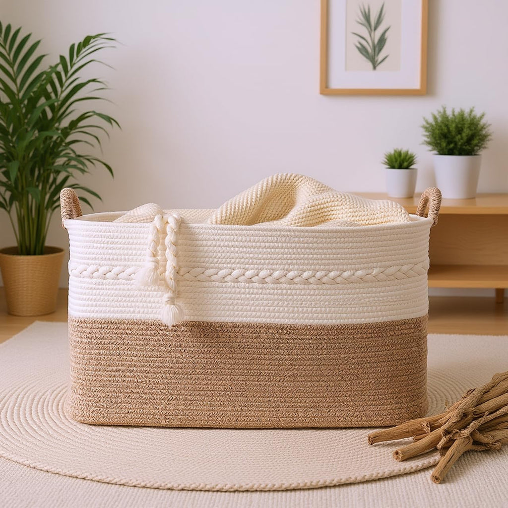 Extra large laundry basket woven from natural cotton rope with handles storage blankets for living rome big